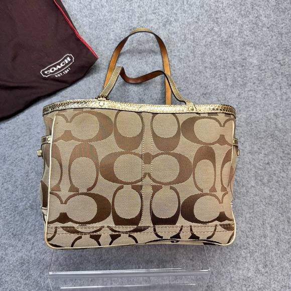 Coach Women's Tote Bag Signature 7874 Khaki Jacquard Turnlock Pockets Dust Bag - Picture 1 of 16